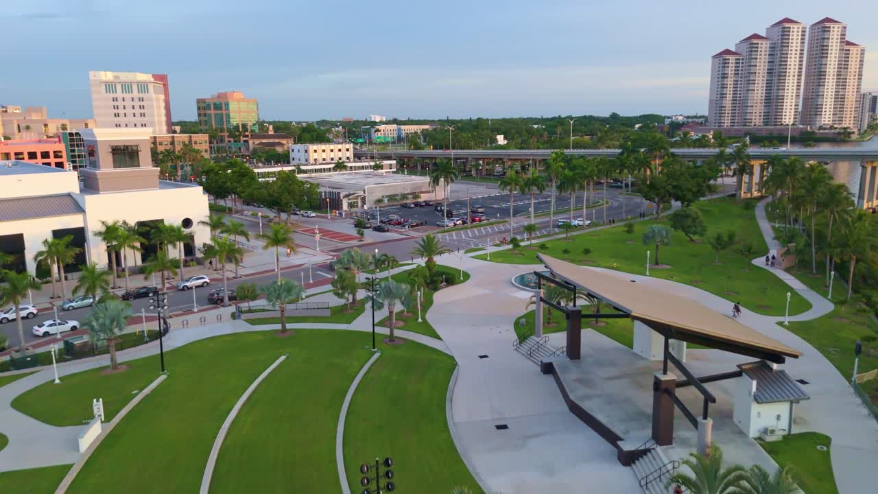Aerial forward over Caloosa Sound Amphitheater in Fort Myers, Florida, USA