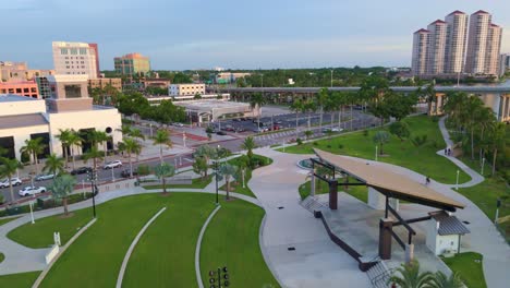 aerial forward over caloosa sound amphitheater in fort myers, florida, usa