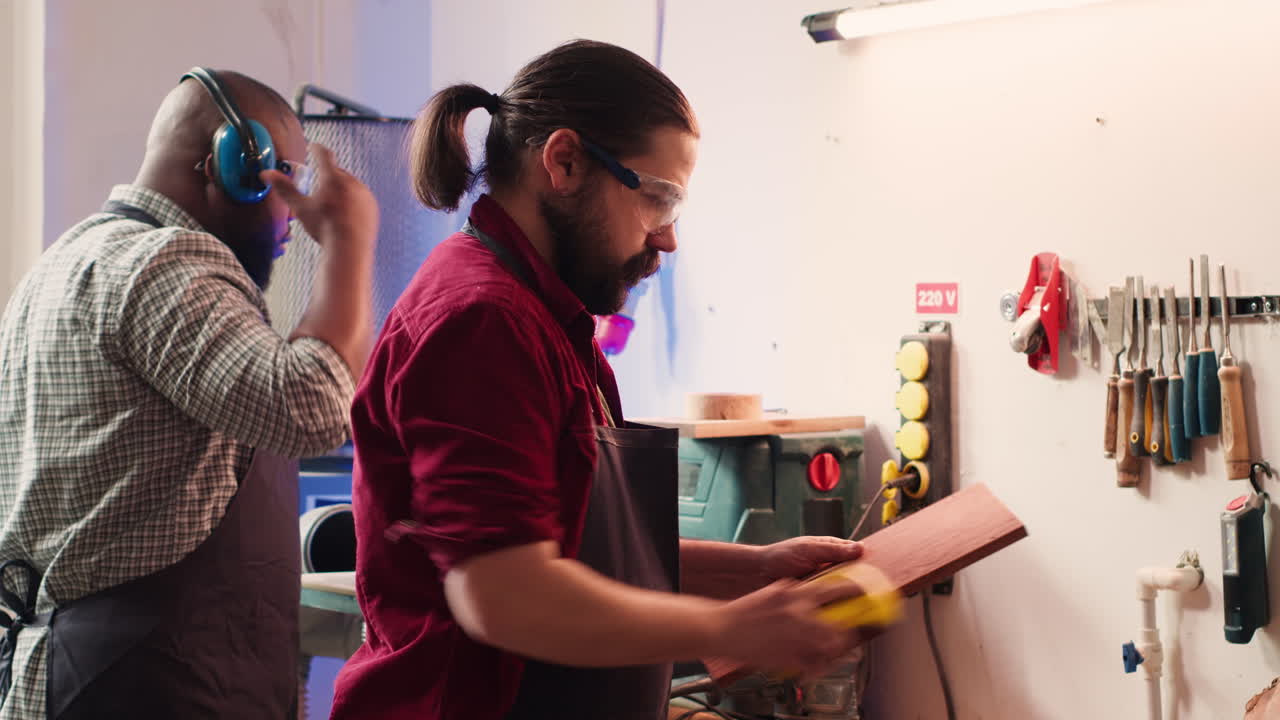 artesano al lado de un compañero de trabajo usando un bloque de lijado para eliminar las imperfecciones en la madera