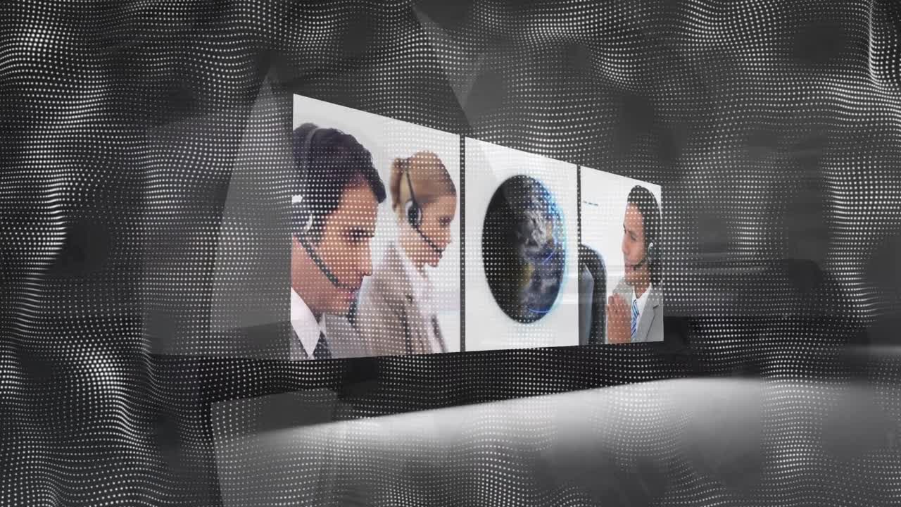 animación de ondas sobre personas de negocios usando auriculares de teléfono en las pantallas