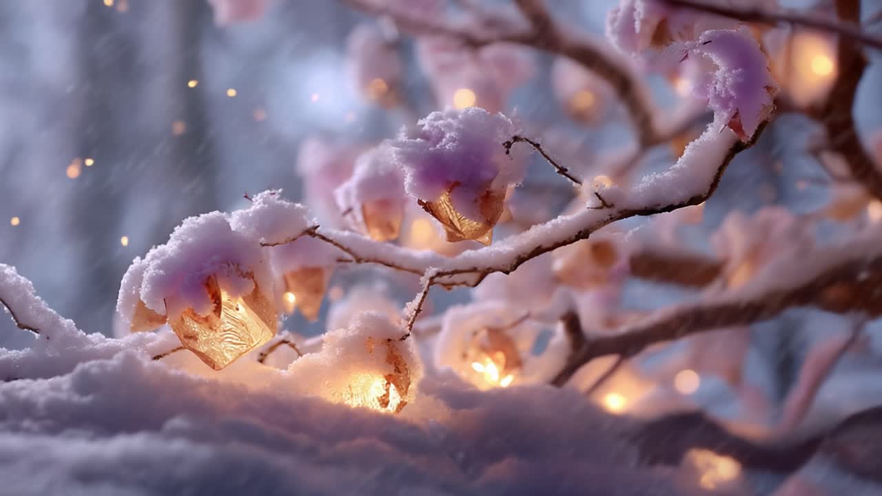 A Magical Winter Scene with Snow-Covered Branches Glowing Under Soft Lights, Showcasing the Serenity and Beauty of Winter's Embrace in Nature’s Wonderland