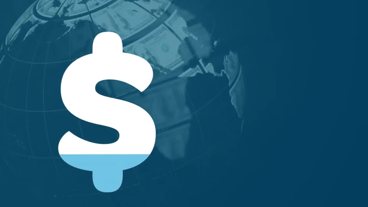 animación del signo de dólar que se llena de azul sobre el globo formado con billetes de dólar estadounidense