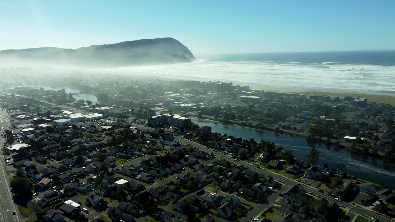 US, OR, Seaside, 2025-10-21 - Drone view of the coastal city on the coast in fall