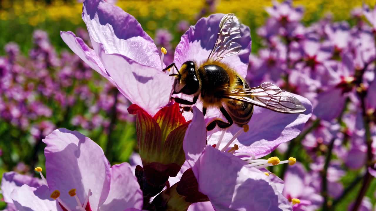 Aerial video captures a vibrant meadow with colorful wildflowers and blooming trees