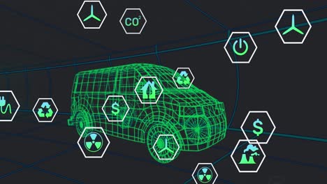 Animation-Von-Symbolen,-Die-Statusdaten-über-Ein-3D-Transportermodell-Verarbeiten,-Das-Sich-Auf-Schwarzem-Hintergrund-Bewegt