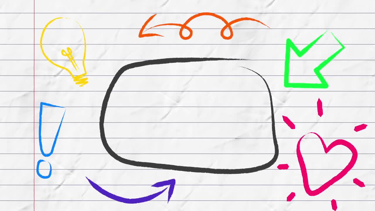 animación de una burbuja de habla contorneada en negro con flecha verde e iconos de colores en papel alineado