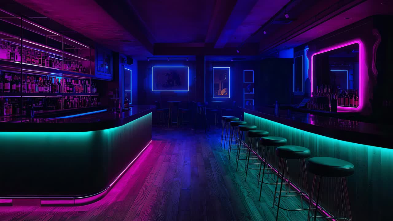 Shifting neon lights casting moving reflections across curved bar counter at lounge, with stools