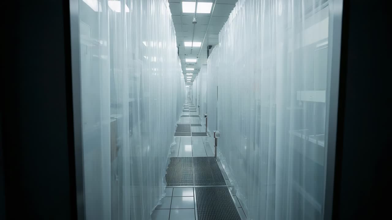 Carrello in movimento, la telecamera avanza attraverso un lungo corridoio di laboratorio verso un ingresso, rivelando tende a strisce.