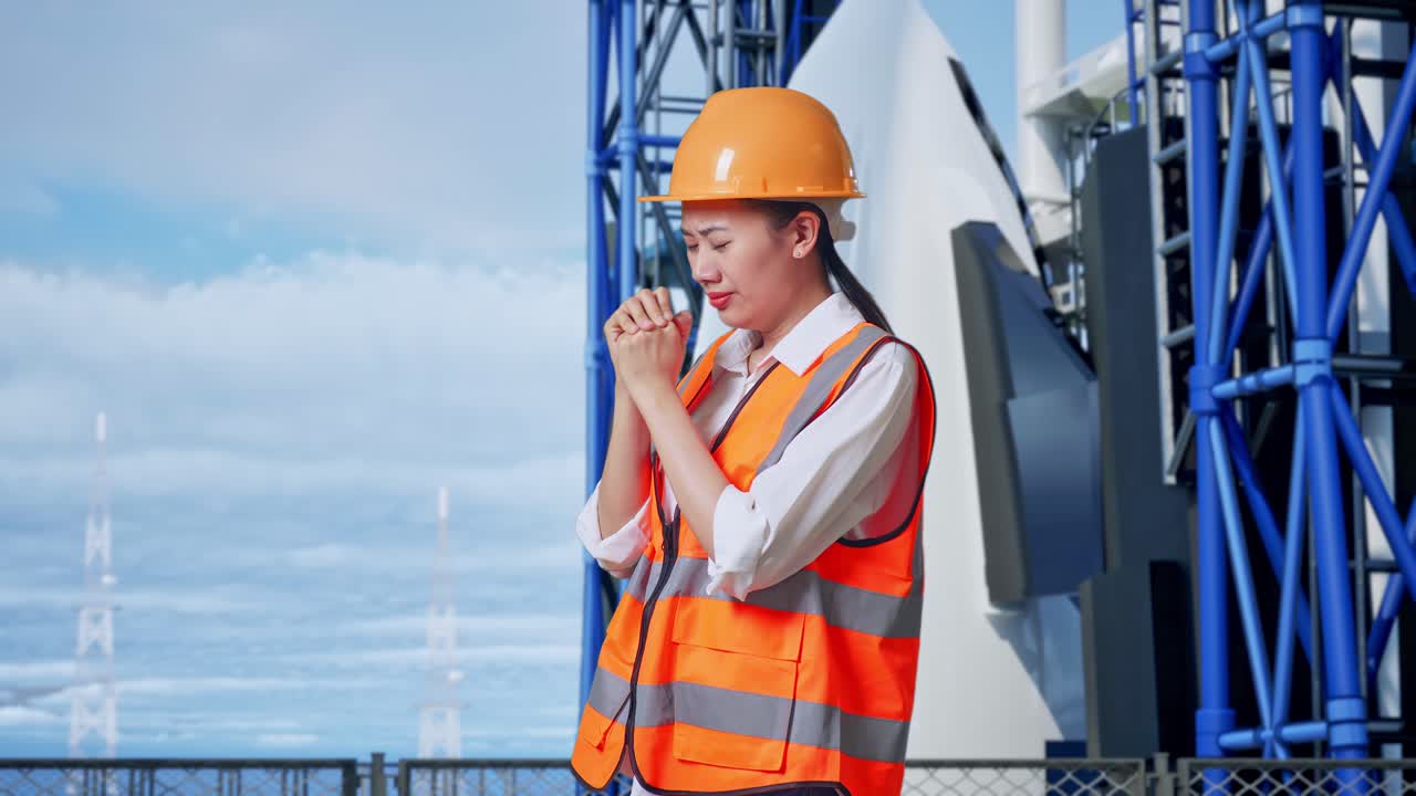 안전 헬을 착용 한 아시아 여성 엔지니어 의 측면 뷰 우주왕복선 과 함께 서 있는 동안 무언가 를 위해 기도