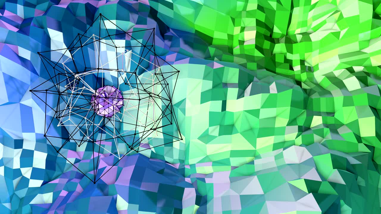 4k низкополи фоновая анимация в цикле. бесшовная 3d-анимация как творческий простой низкополи фон. v8 сине-зеленый пейзаж с сферой и движущейся рамой