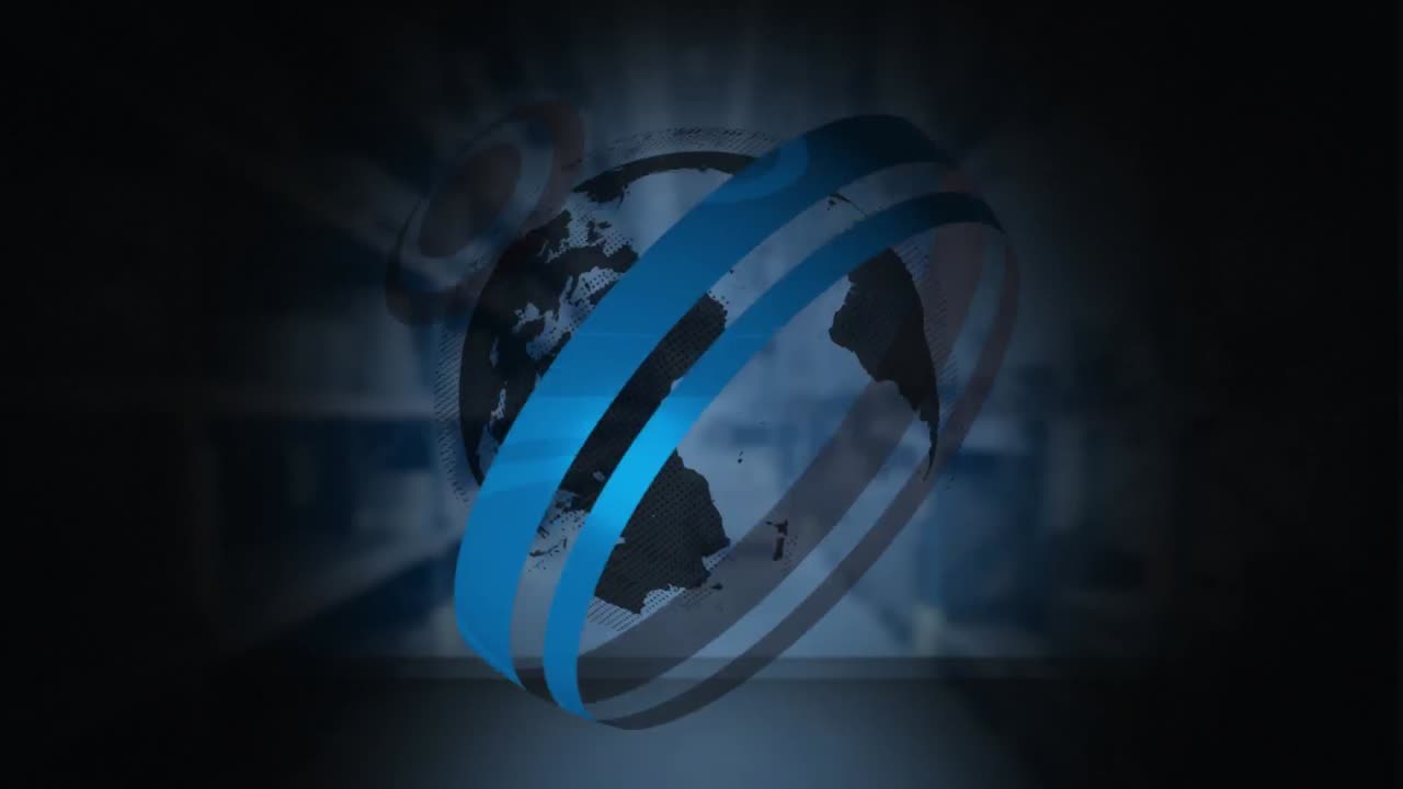 animación digital de escáneres redondos sobre un globo giratorio contra el almacén en el fondo