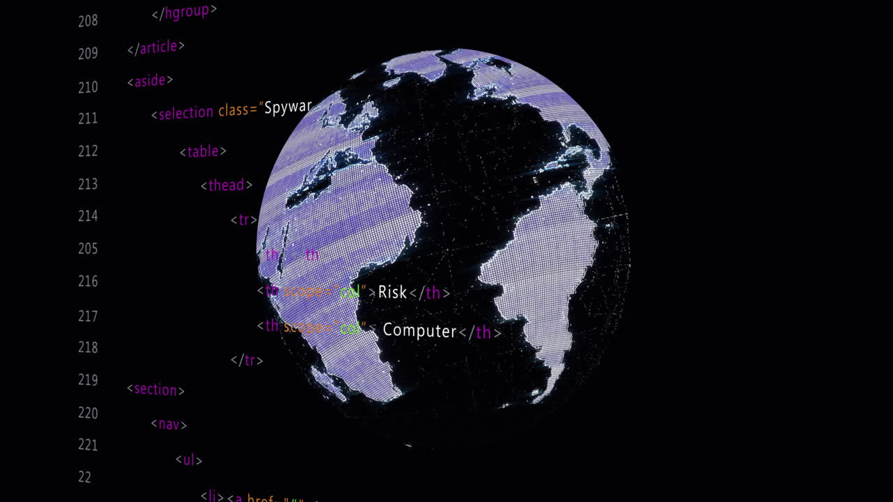 Rotating globe with continents over HTML code animation