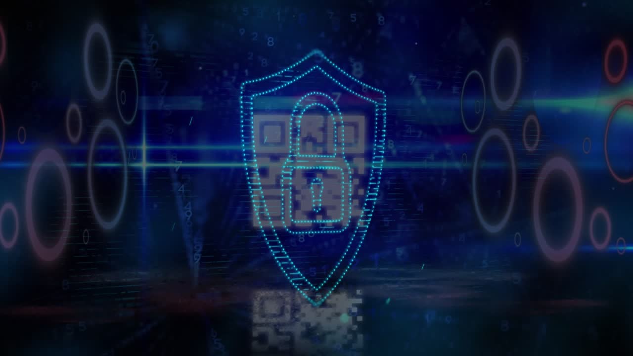 Animation of light trail over security padlock icon and data processing against blue background