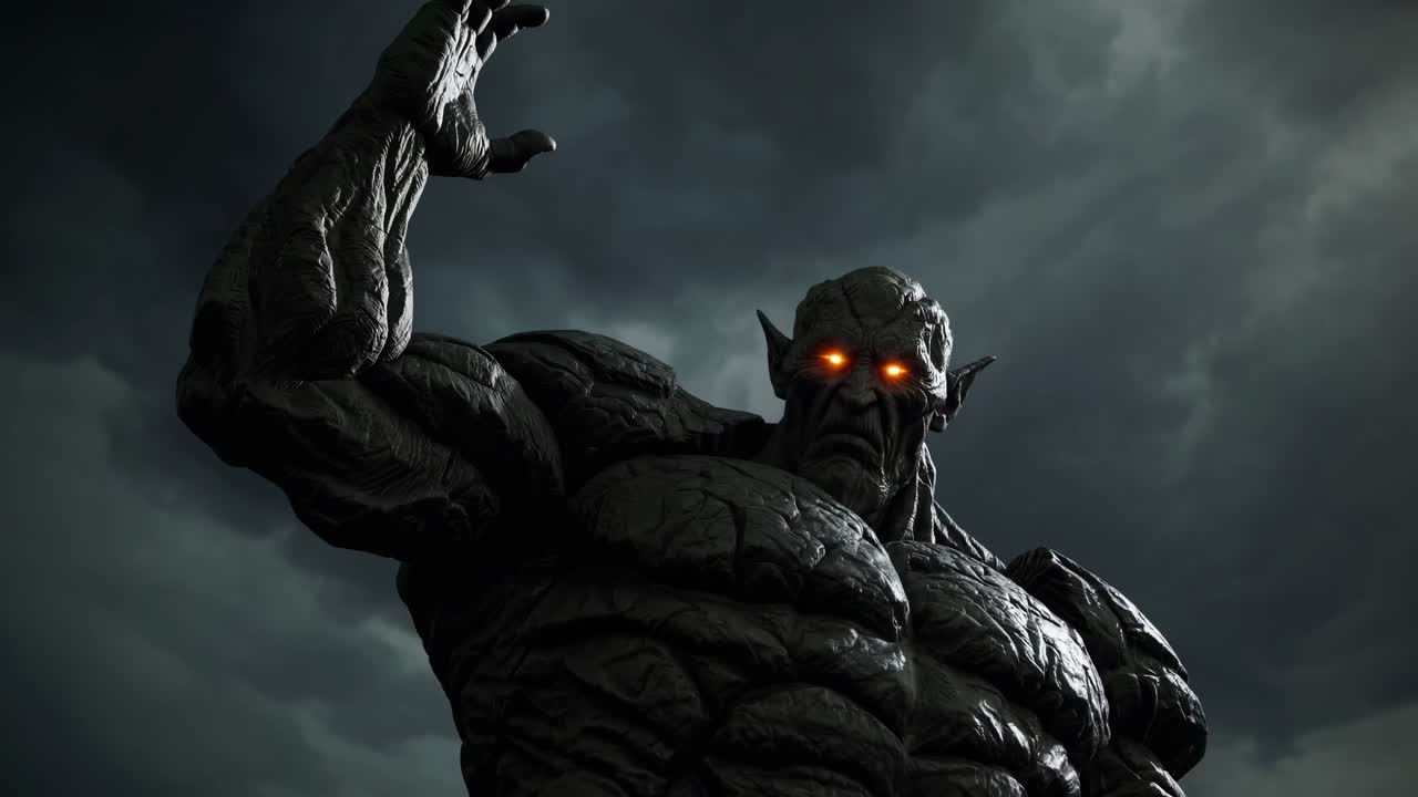 Stone golem towering menacingly, glowing eyes gleaming through stormy darkness, embodying supernatural power and mythical threat in brooding fantasy landscape