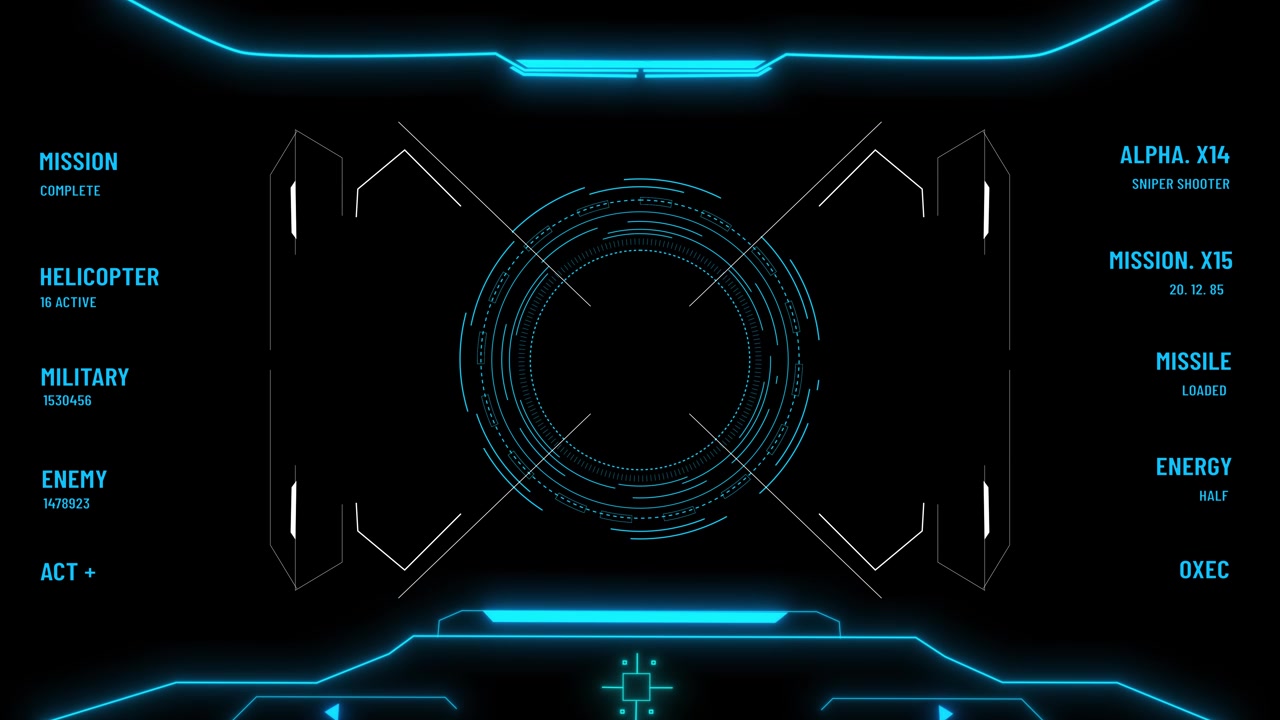 Futuristic cyan military hud interface screen with target rings mission labels tactical readouts