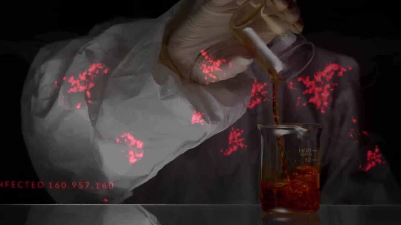 얼굴 마스크를 입은 과학자 위에 세계 지도의 애니메이션