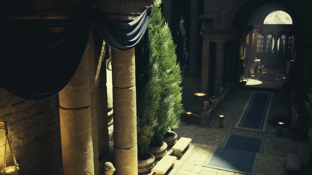 Antica sala elegante, silenzioso corridoio in marmo con elementi decorativi