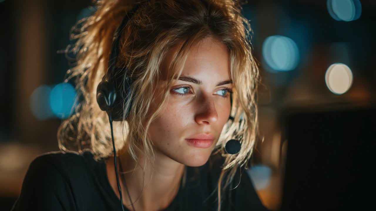 Fokusert oppmerksomhet: En ung kvinne fordypet i arbeidet sitt med et headset i et svakt opplyst miljø, som fremhever viktigheten av konsentrasjon og engasjement i digital kommunikasjon