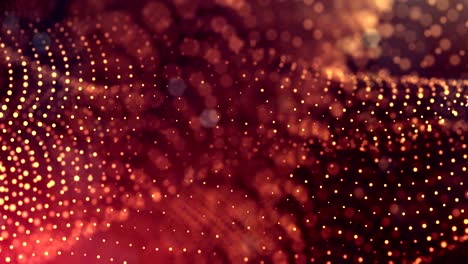 3d render loop animation of glow particles form oscillating lines as swinging garland as holyday background or abstract background of particles with depth of field and bokeh like vj loop. red gold 28