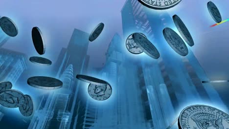 silver coins falling from the sky with tall buildings on a blue background