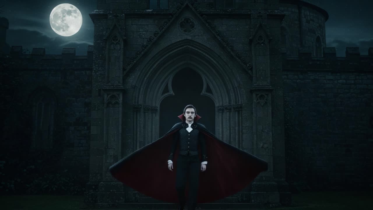 A Mysterious Figure Emerges at Midnight in a Hauntingly Beautiful Castle Under the Moonlight, Capturing the Essence of Dark Fantasy and Gothic Horror