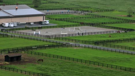 equestrian on horse at american horse farm with grass fields. aerial wide shot. modern solar panels on horse barn.