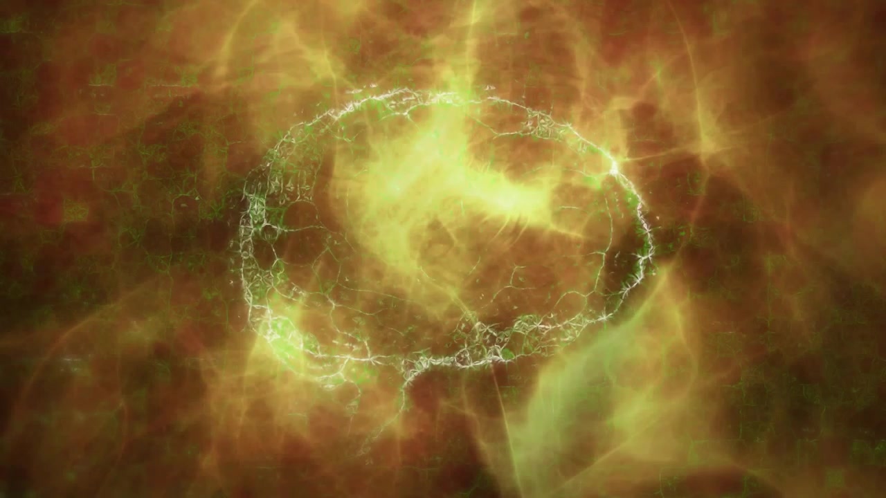 Un anello di filamento luminoso si forma mentre un bagliore centrale si innalza in un campo di nuvole verde ambra, con scintille.