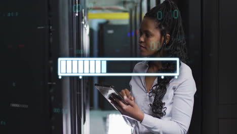 progress bar animation over woman using tablet in server room