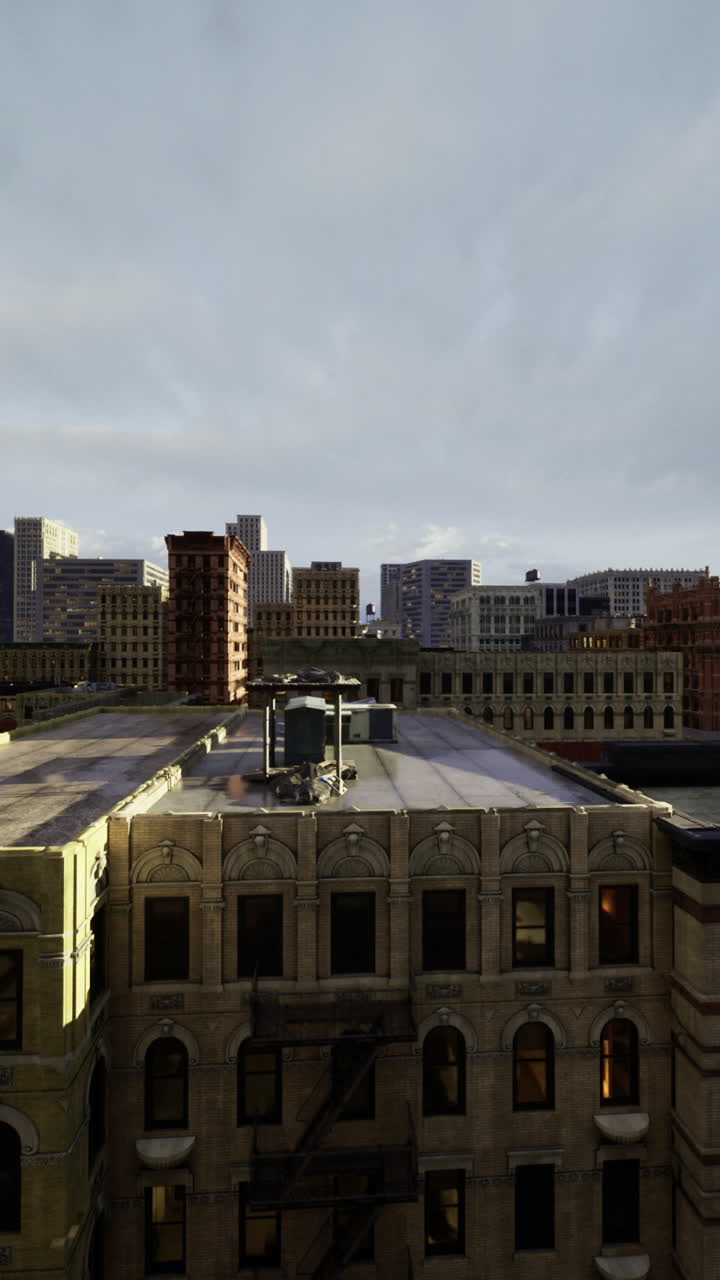 Urban skyline view at dusk with contrasting architectural styles in city