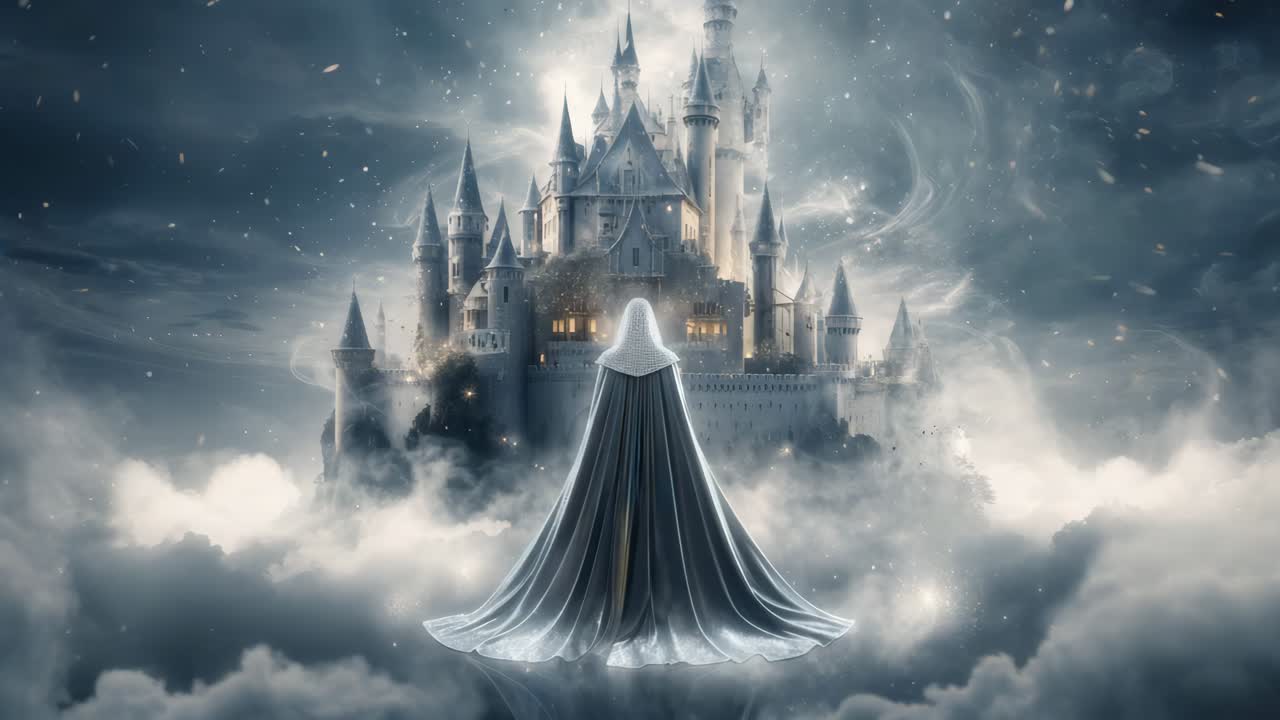 A Mysterious Figure Before a Majestic Floating Castle