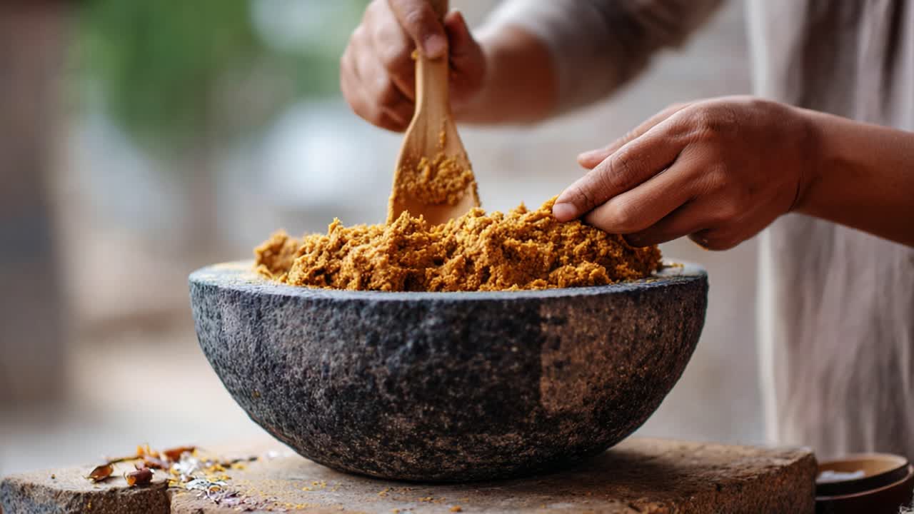 Hands Mixing with a Wooden Spoon in a Stone Bowl, Creating a Rich Mixture of Ingredients, Captured in a Rustic Kitchen Setting