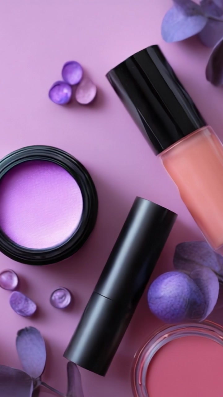 Elegante composizione di trucco su uno sfondo viola tenue, con pigmenti vibranti e accessori per una presentazione di bellezza sofisticata.