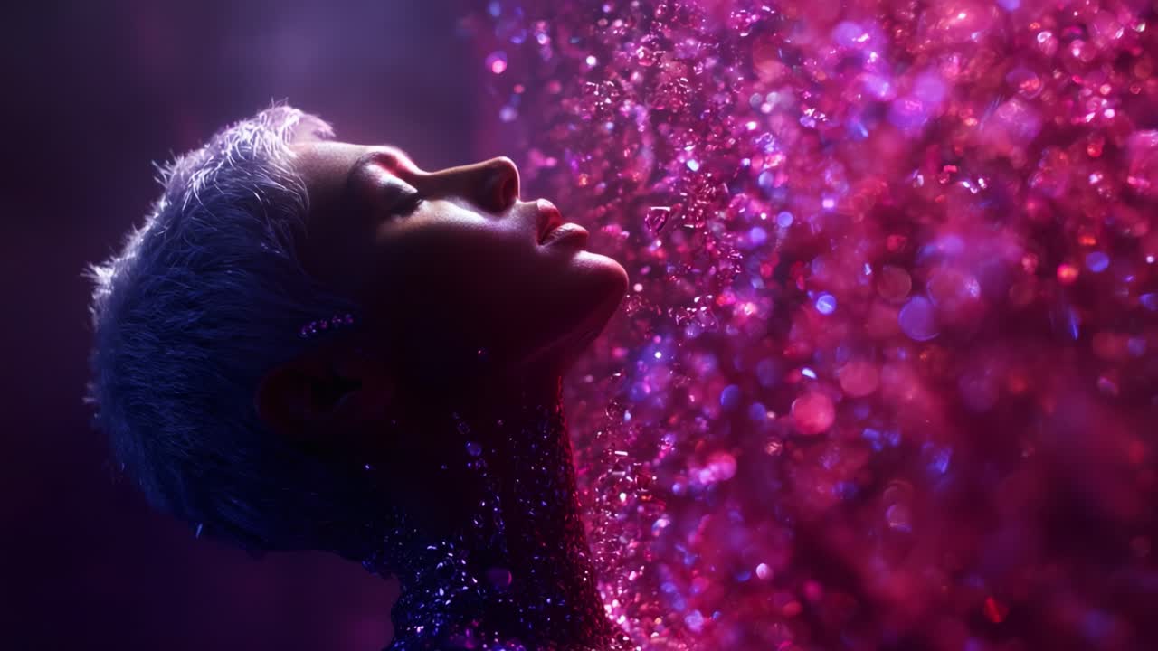 A mesmerizing portrait of ethereal beauty, featuring a close-up profile of a woman as she basks in shimmering particles of light and vibrant color, evoking feelings of enchantment and allure
