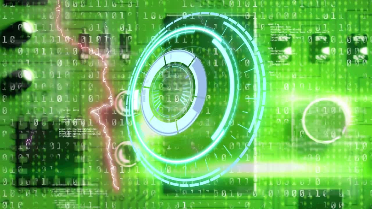 바이너리 코드와 녹색 메인보드 위의 처리 원의 애니메이션