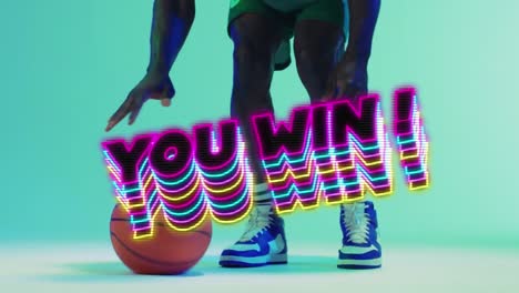 animation of you win text over basketball player on neon background