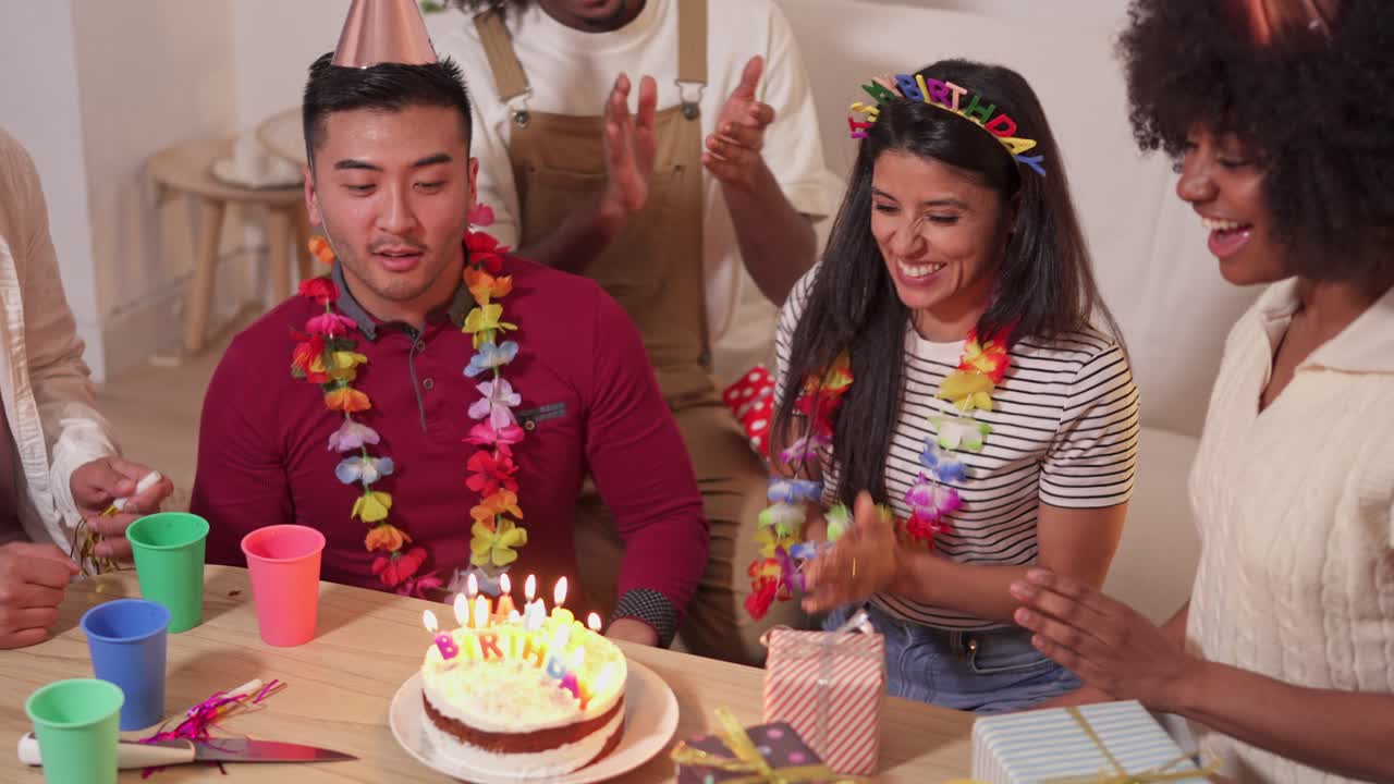 Friends Celebrating a Birthday Party with Cake and Gifts