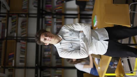 retrato de un bibliotecario caucásico mirando a la cámara seriamente cruzando las manos sobre el pecho en las estanterías de libros de fondo