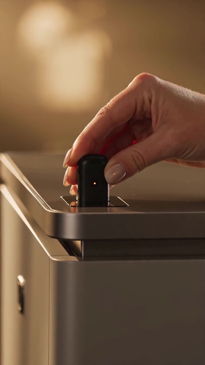 Sequenza dinamica che mostra una mano che inserisce e poi rimuove un telecomando nero in un sensore rettangolare sull'angolo superiore di un elettrodomestico in metallo spazzolato.
