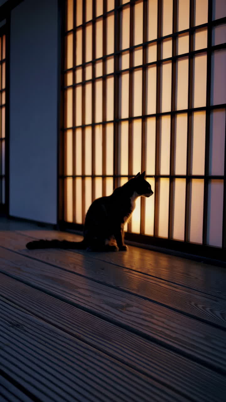 Cat by Japanese Shōji Screens at Twilight