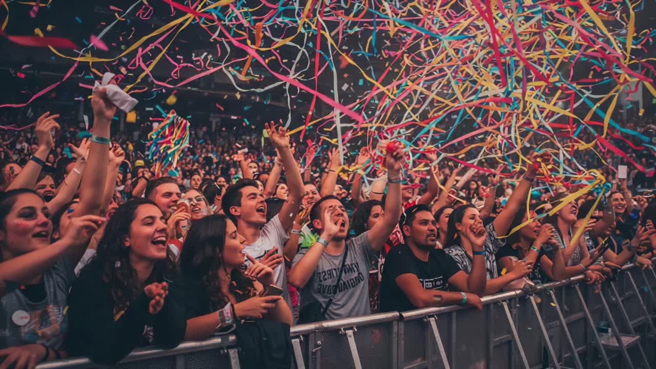 Captivating Moments of Joy and Celebration: Audience Enthusiasm Unleashed During a Vibrant Music Event with Colorful Confetti and Energetic Crowd Participation