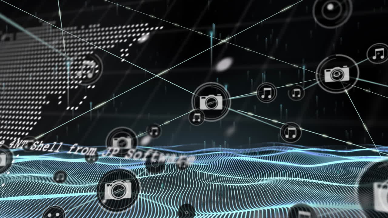Animation of network of connections with camera icons over world map