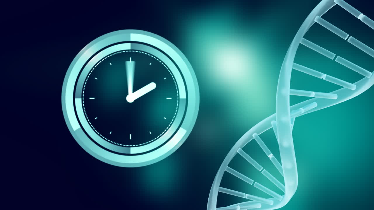 animación del reloj que se mueve sobre la cadena de adn sobre fondo azul