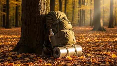a tranquil autumn scene featuring a well-equipped hiking backpack resting against a tree, surrounded by vibrant fallen leaves and golden sunlight