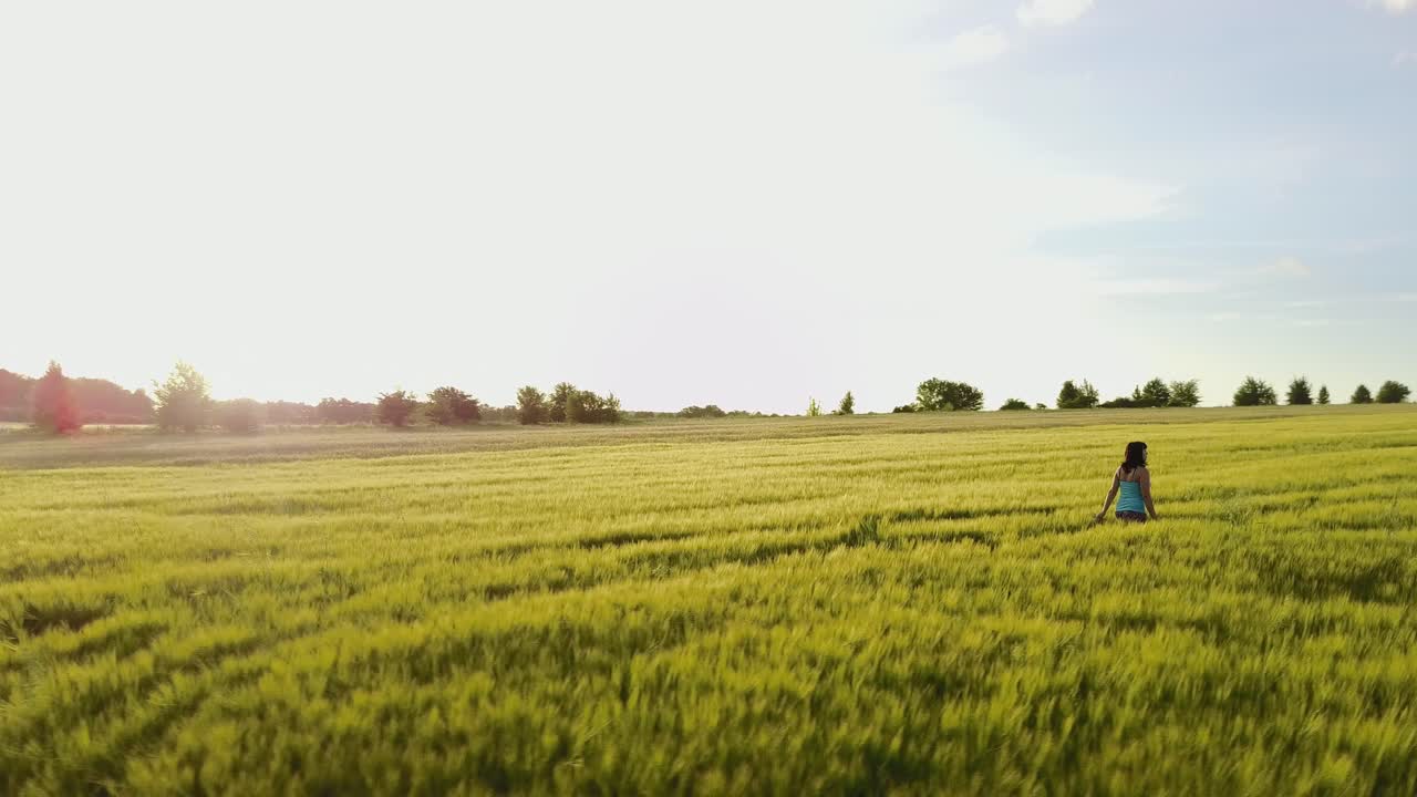 Donna Cammina Nel Campo. Giovane donna che cammina in un campo in una soleggiata giornata estiva.