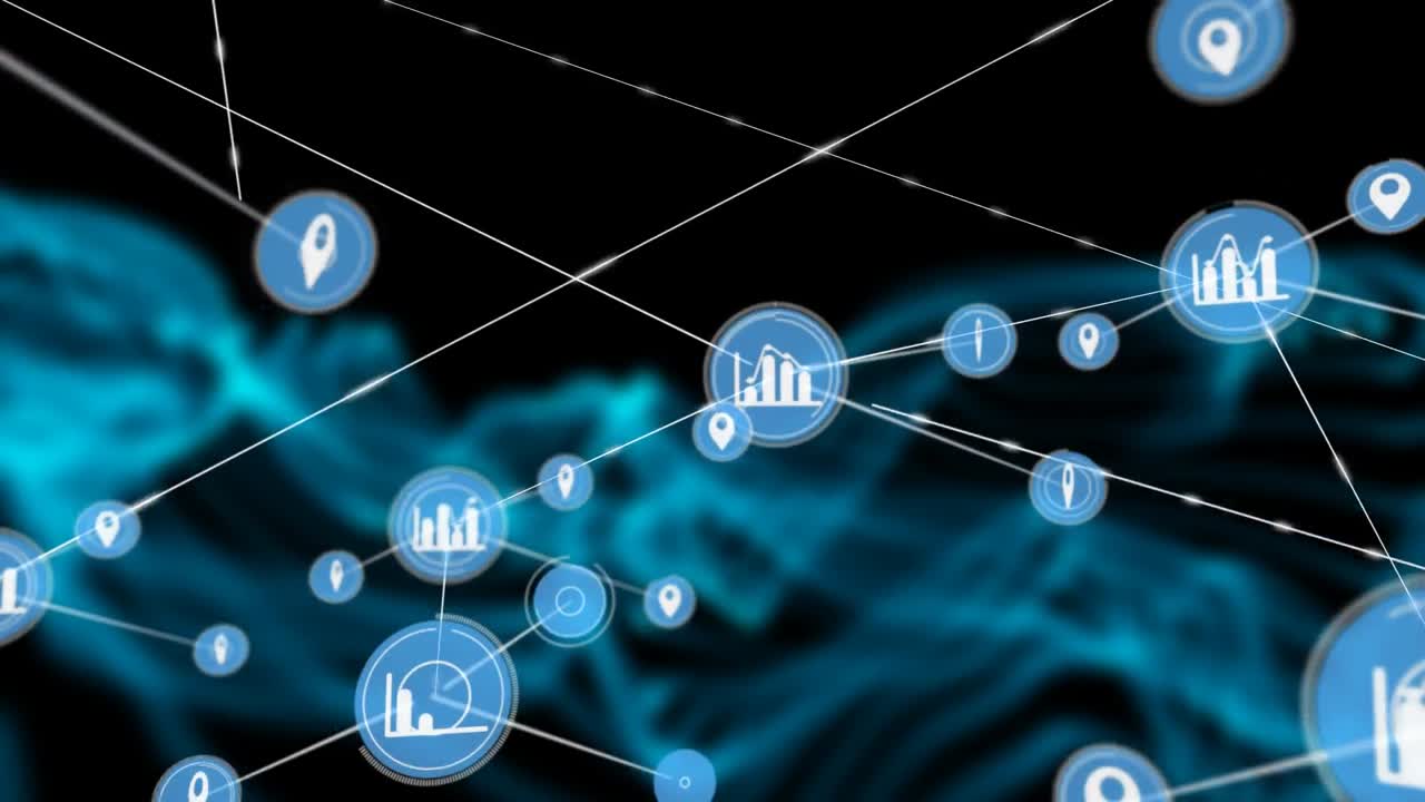 Animation of network of connections with icons over shapes on black background