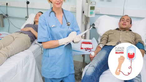 animation of donate blood text with arm and blood bag logo, over smiling female nurse and donors