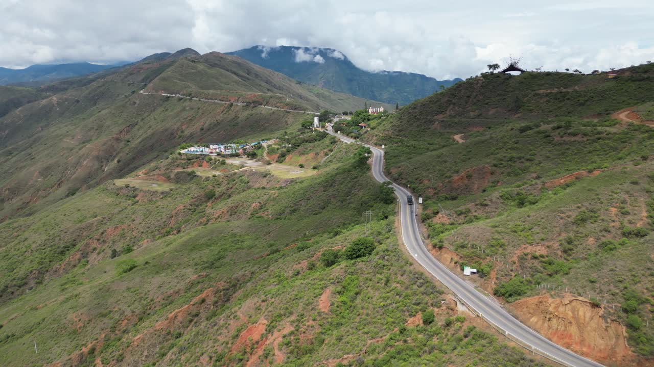 Aerial view of the stunning National Route 45A connecting Bucaramanga and Bogotá, crossing the Chicamocha Canyon (Cañón del Chicamocha) in the Santander region of Colombia