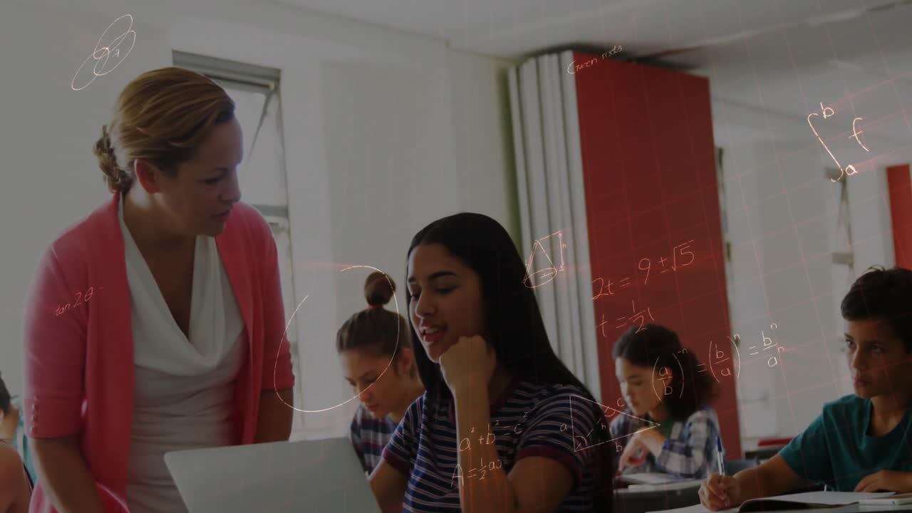animación de fórmulas matemáticas sobre estudiantes y maestros en el aula