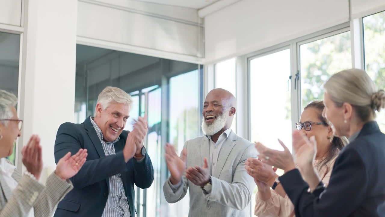 High five, teamwork and applause in office
