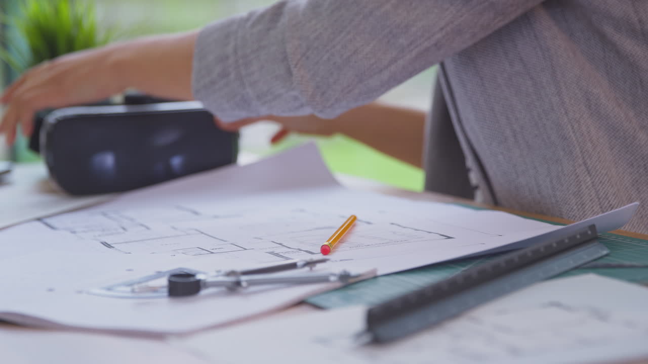 primer plano de una arquitecta en la oficina usando auriculares vr para diseñar un nuevo edificio